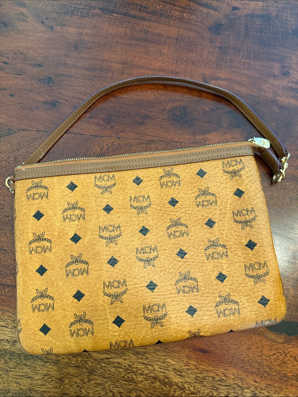 MCM Cognac/Tan Logo Print Zip Wristlet
